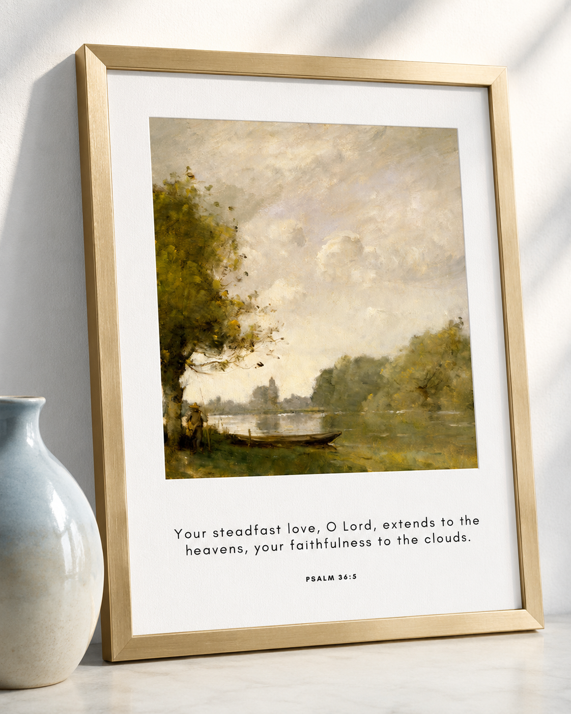 Close-up of Psalm 36:5 wall art print in a gold frame showing the impressionist landscape design