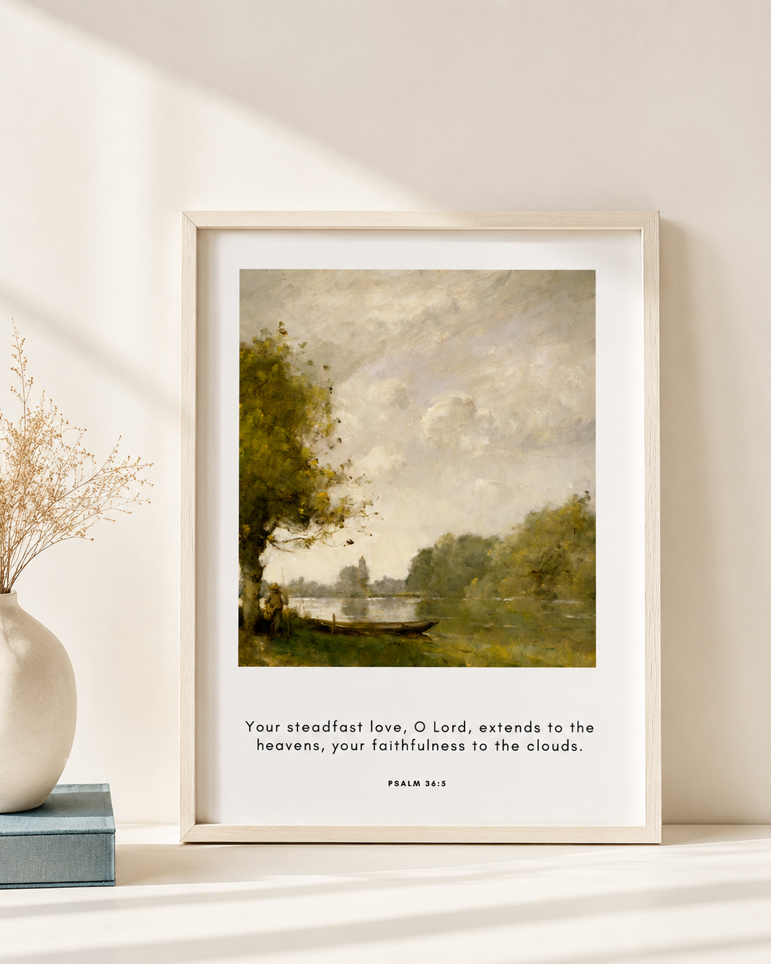 Psalm 36:5 wall art print in a white frame showing the full "steadfast love" scripture text