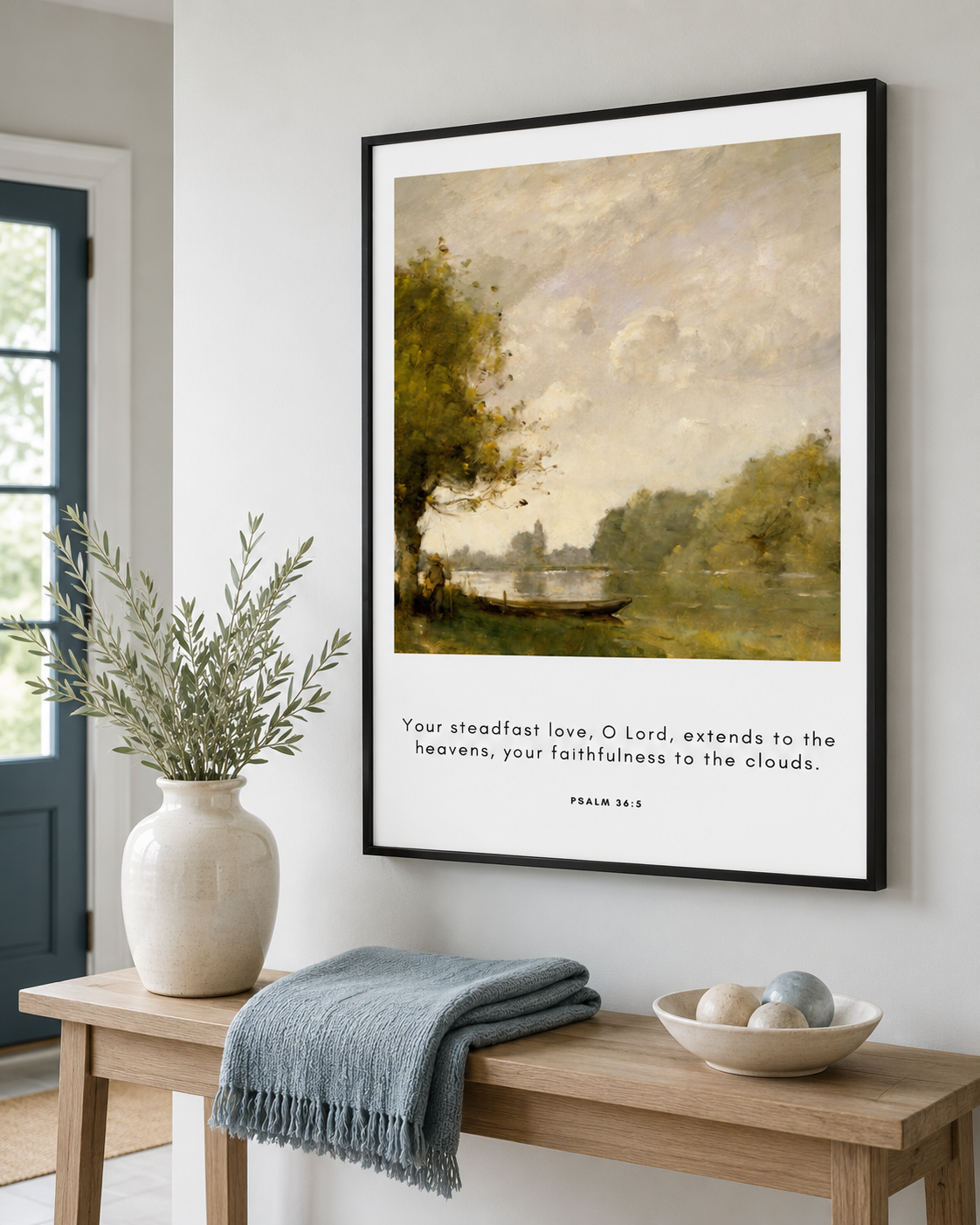 Framed Psalm 36:5 wall art print in a black frame on a console table