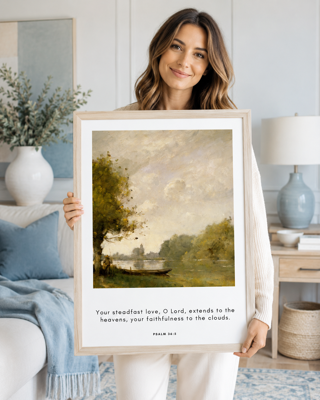 Woman holding a framed Psalm 36:5 Bible verse print at home