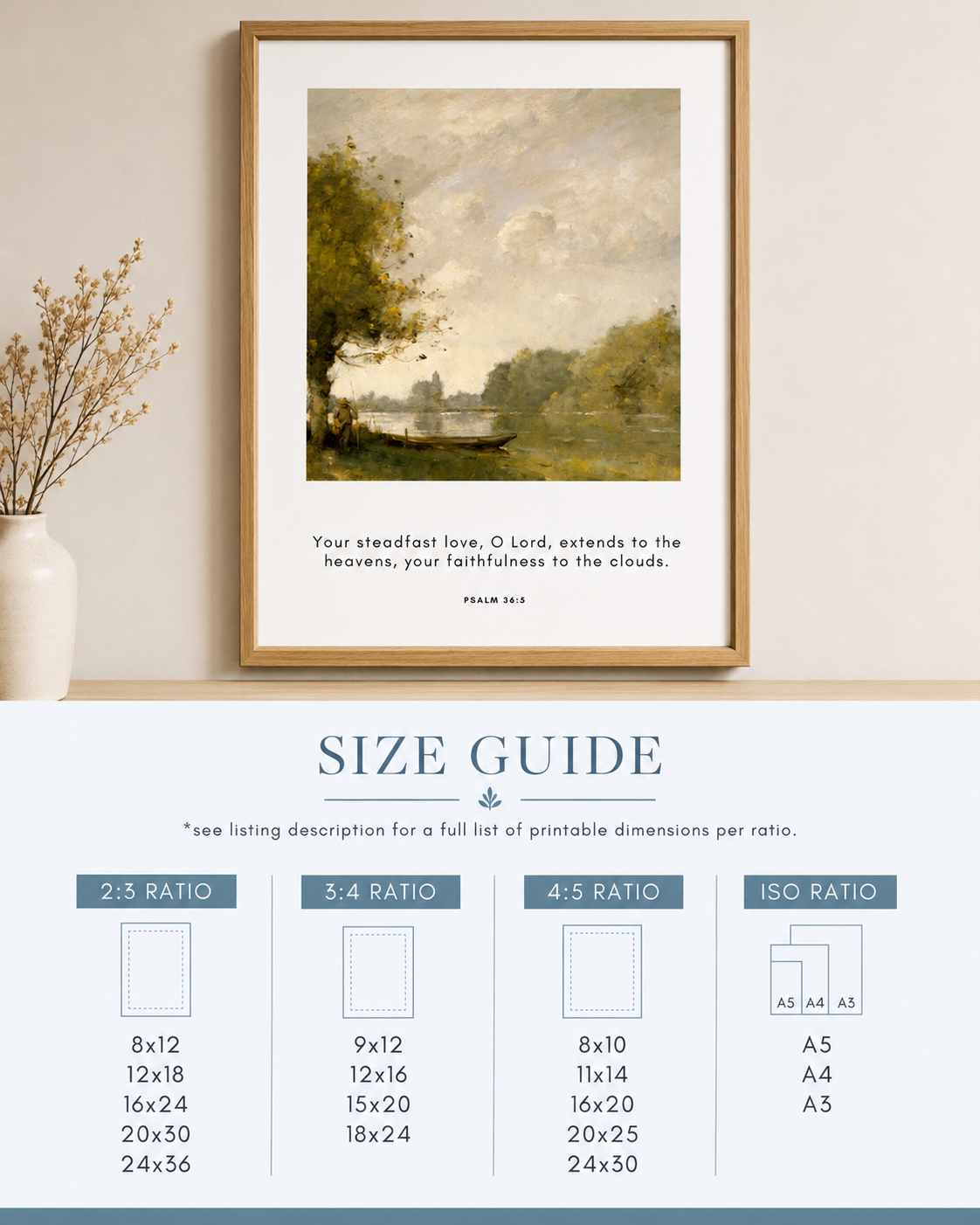 Size guide chart showing available print sizes for the Psalm 36:5 wall art download