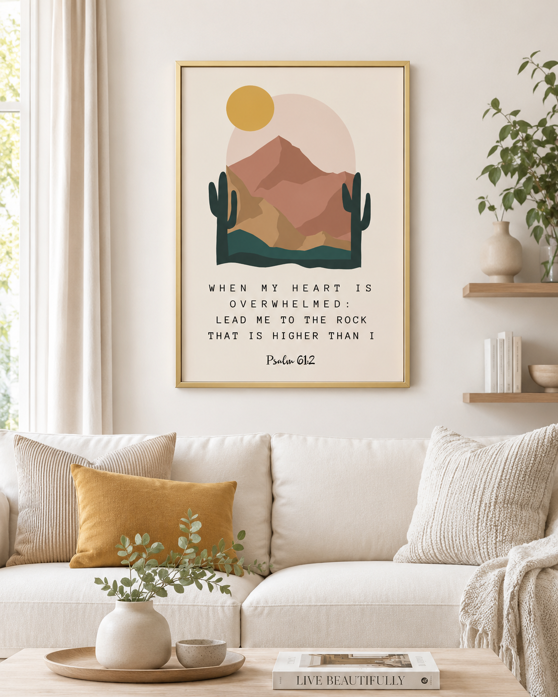Psalm 61:2 scripture print in a gold frame displayed in a bedroom