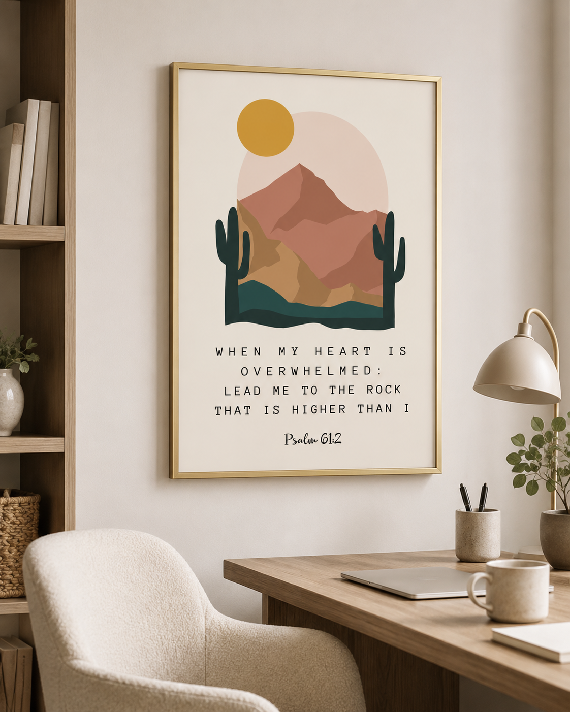 Psalm 61:2 wall art print displayed on a home office desk