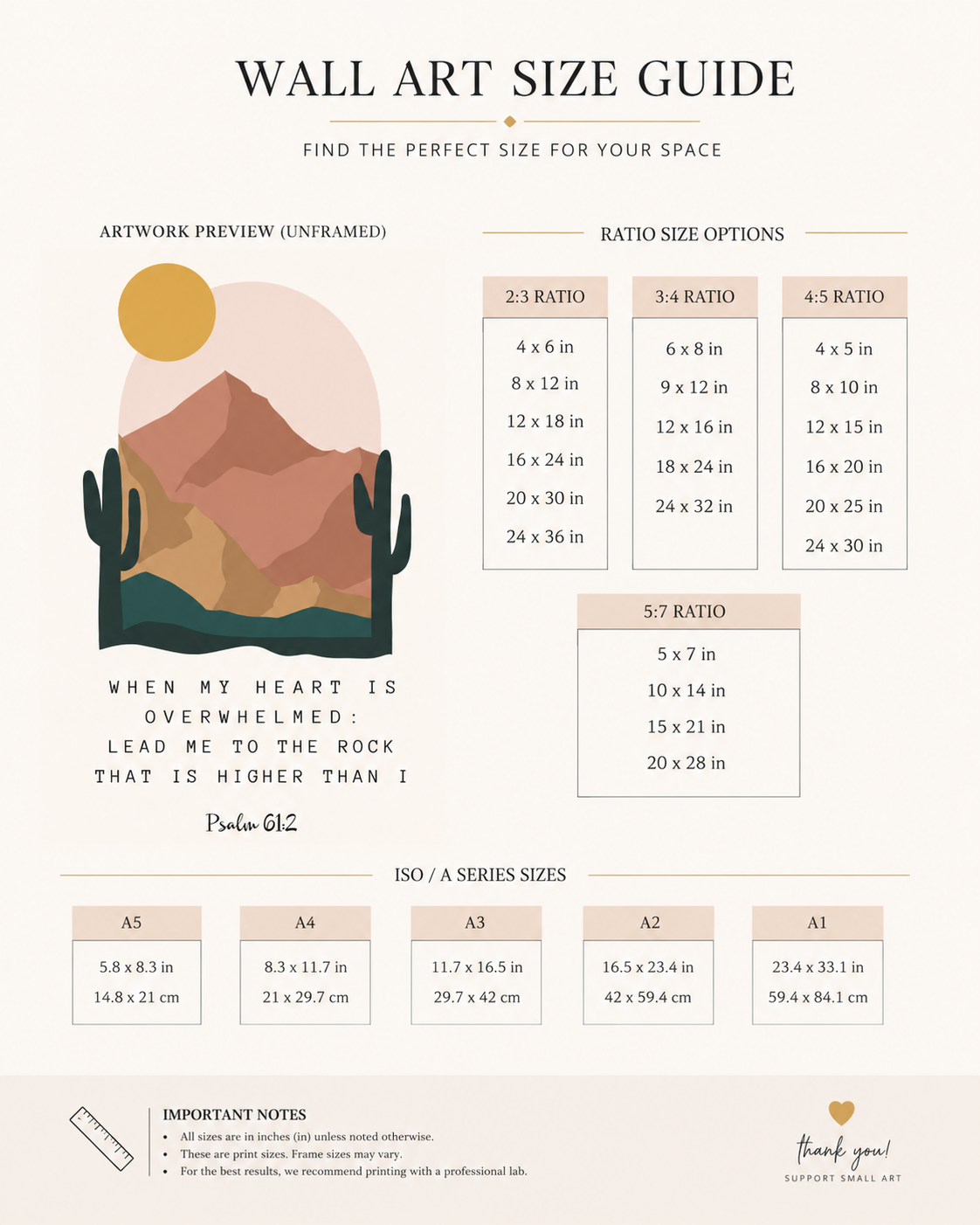 Size guide chart showing available print sizes for the Psalm 61:2 wall art download