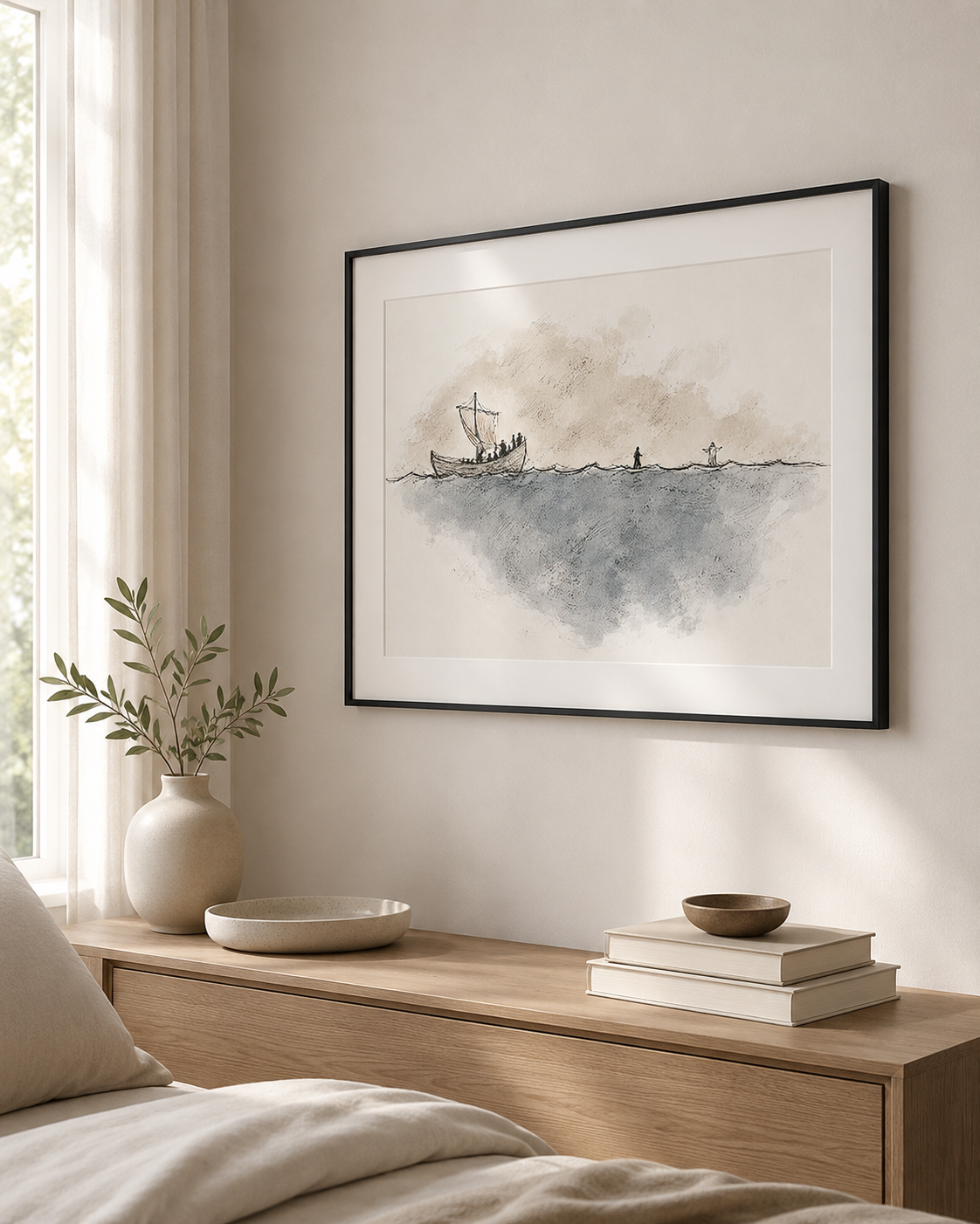 Jesus and Peter walk on water print displayed in a cozy reading nook