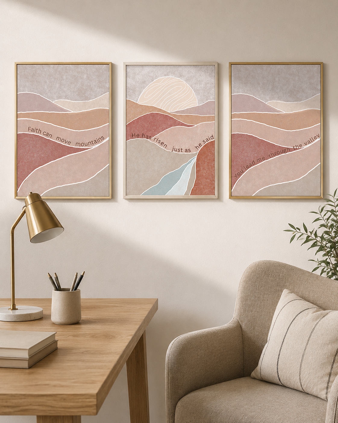Faith Can Move Mountains framed triptych displayed in a cozy reading nook