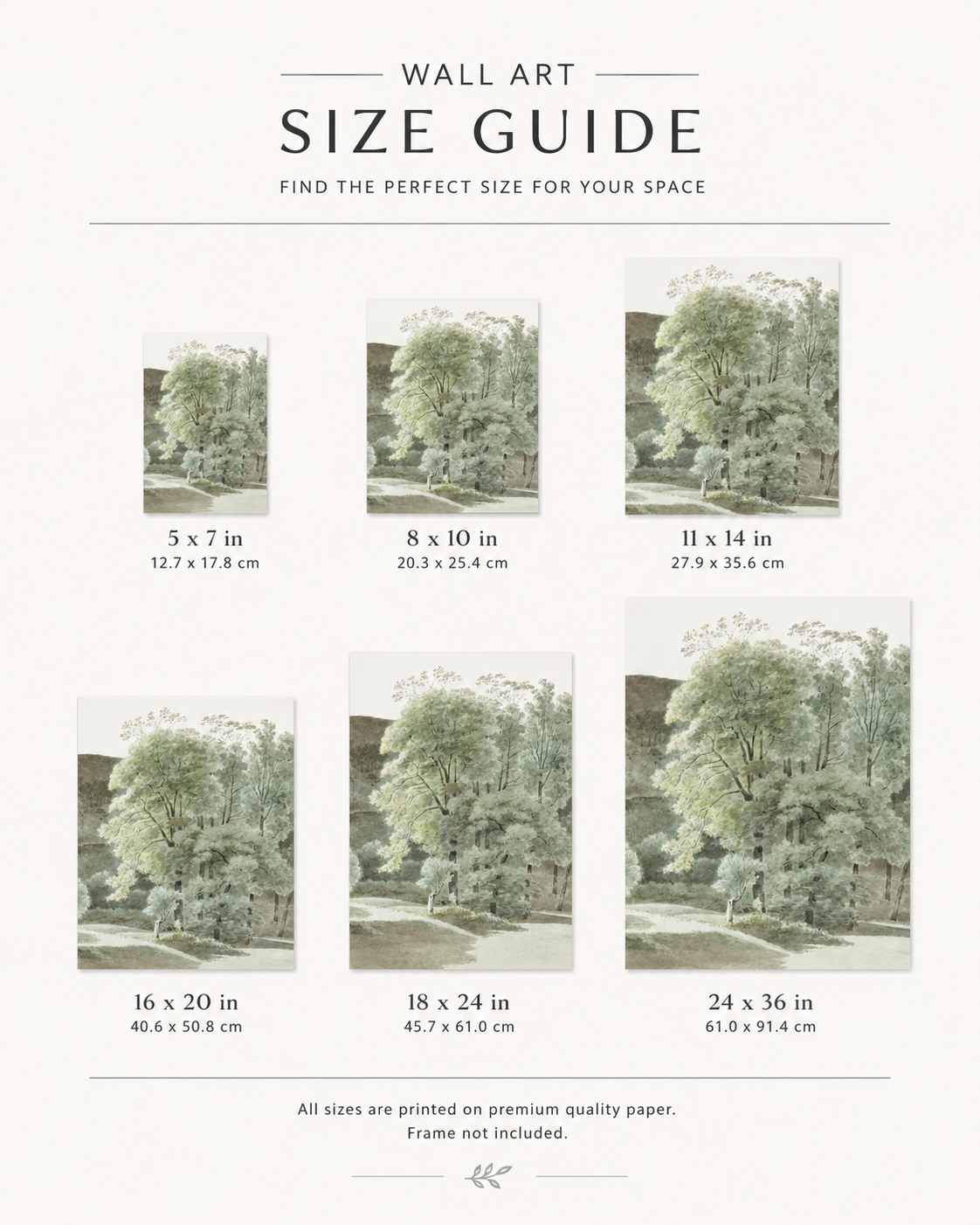 Size guide chart showing available print sizes for the Romans 8:28 wall art download