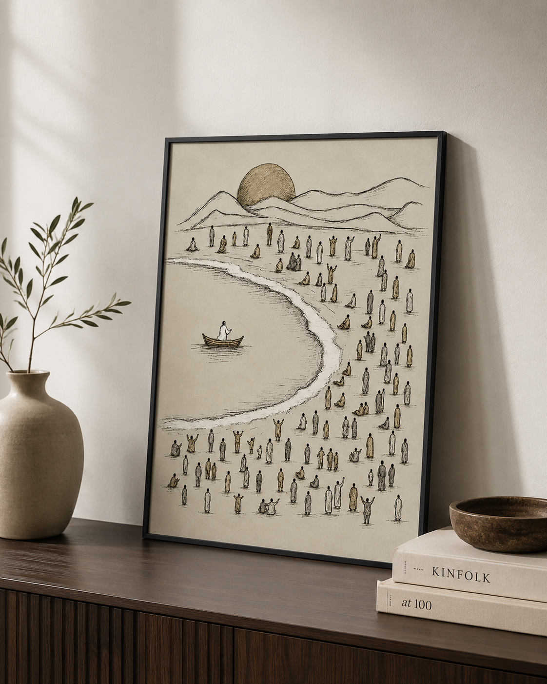 Sea of Galilee print framed on a shelf beside a vase