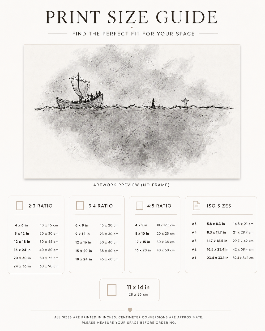 Print size guide chart showing available dimensions for the walk on water sketch