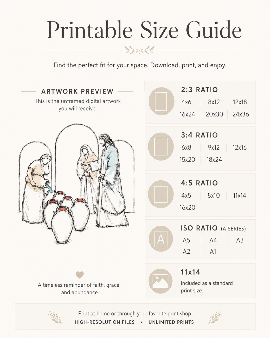 Print size guide chart showing available dimensions for the Wedding at Cana bible sketch