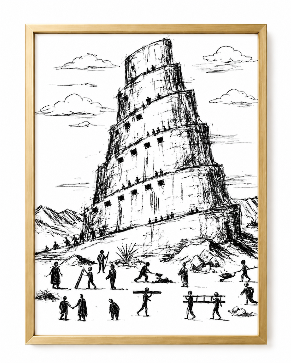 Close-up of the tower of babel bible sketch showing hand-drawn workers building the tower's base