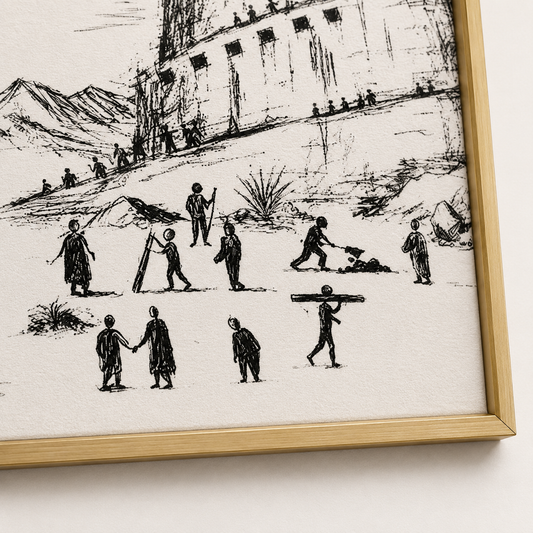 Tower of babel bible sketch framed on a wall, close view of the tiered tower and cross-hatched ink