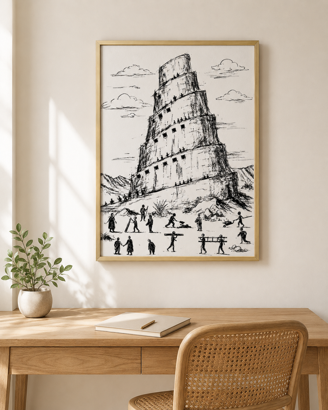 Tower of babel bible sketch framed above a wooden desk in a home office