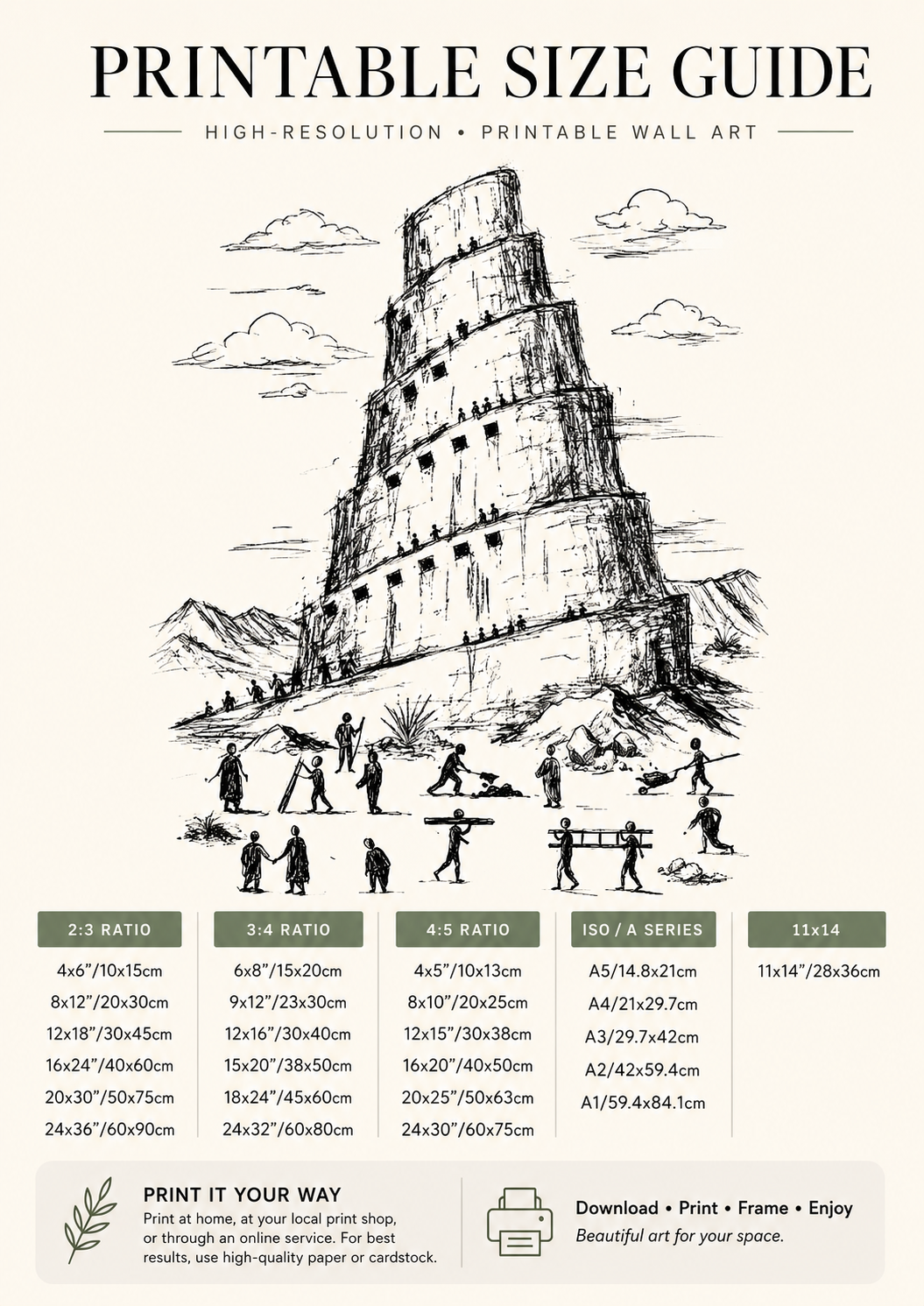 Printable size guide chart for the tower of babel bible sketch, showing all 5 available print sizes