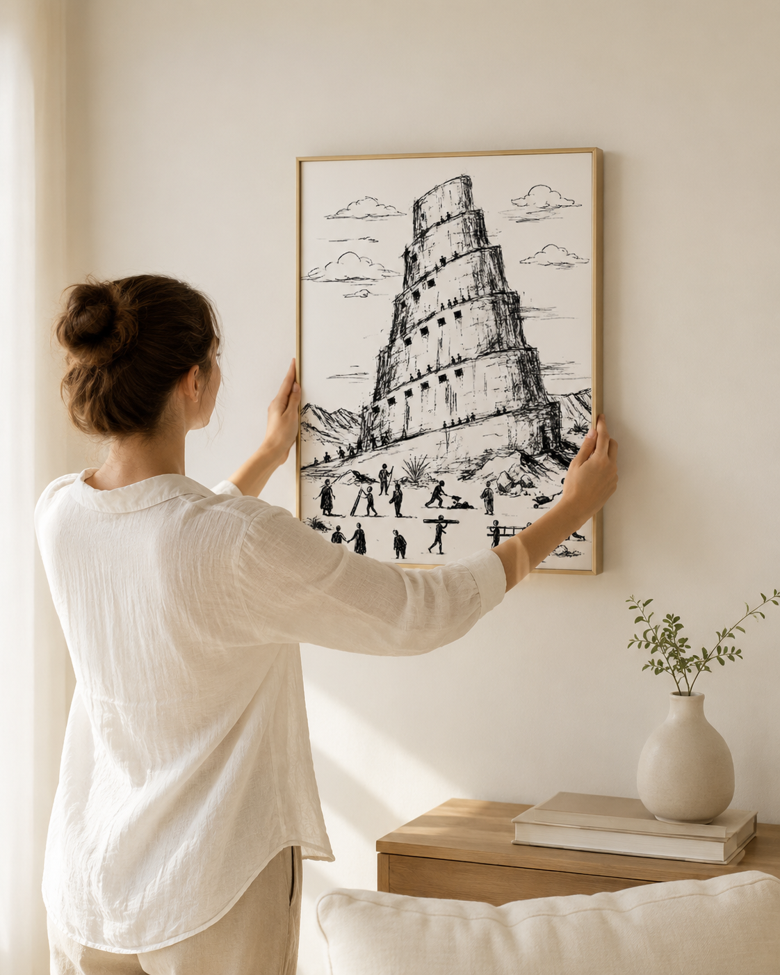 Woman hanging the framed tower of babel bible sketch on a living room wall