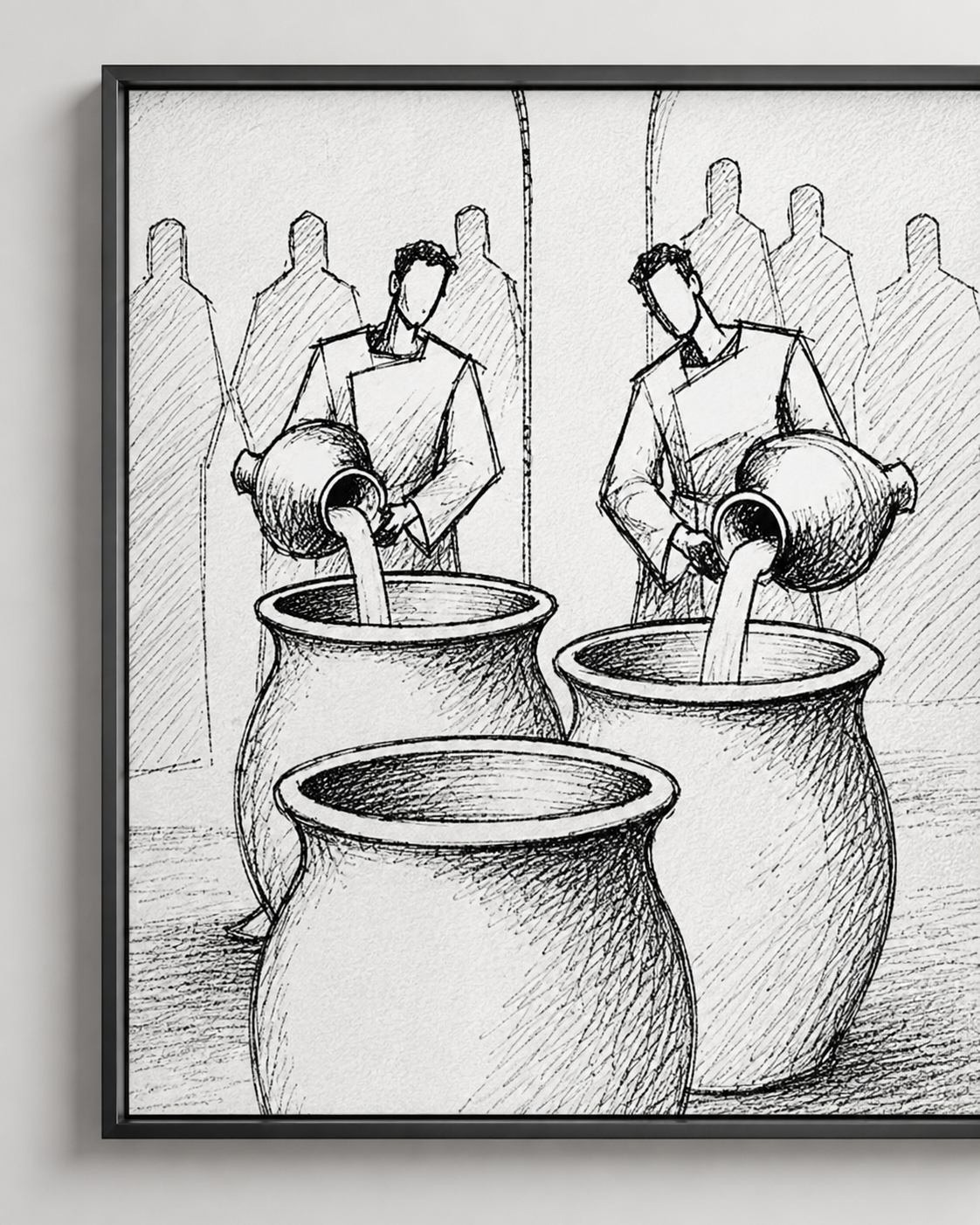 Close-up of the water into wine bible sketch showing a servant pouring water into a stone jar