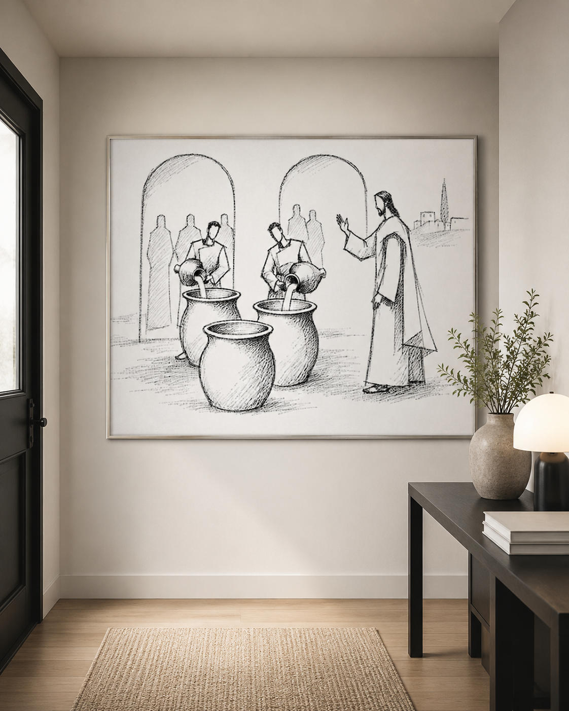 Water into wine bible sketch in a gold frame showing servants pouring water into stone jars