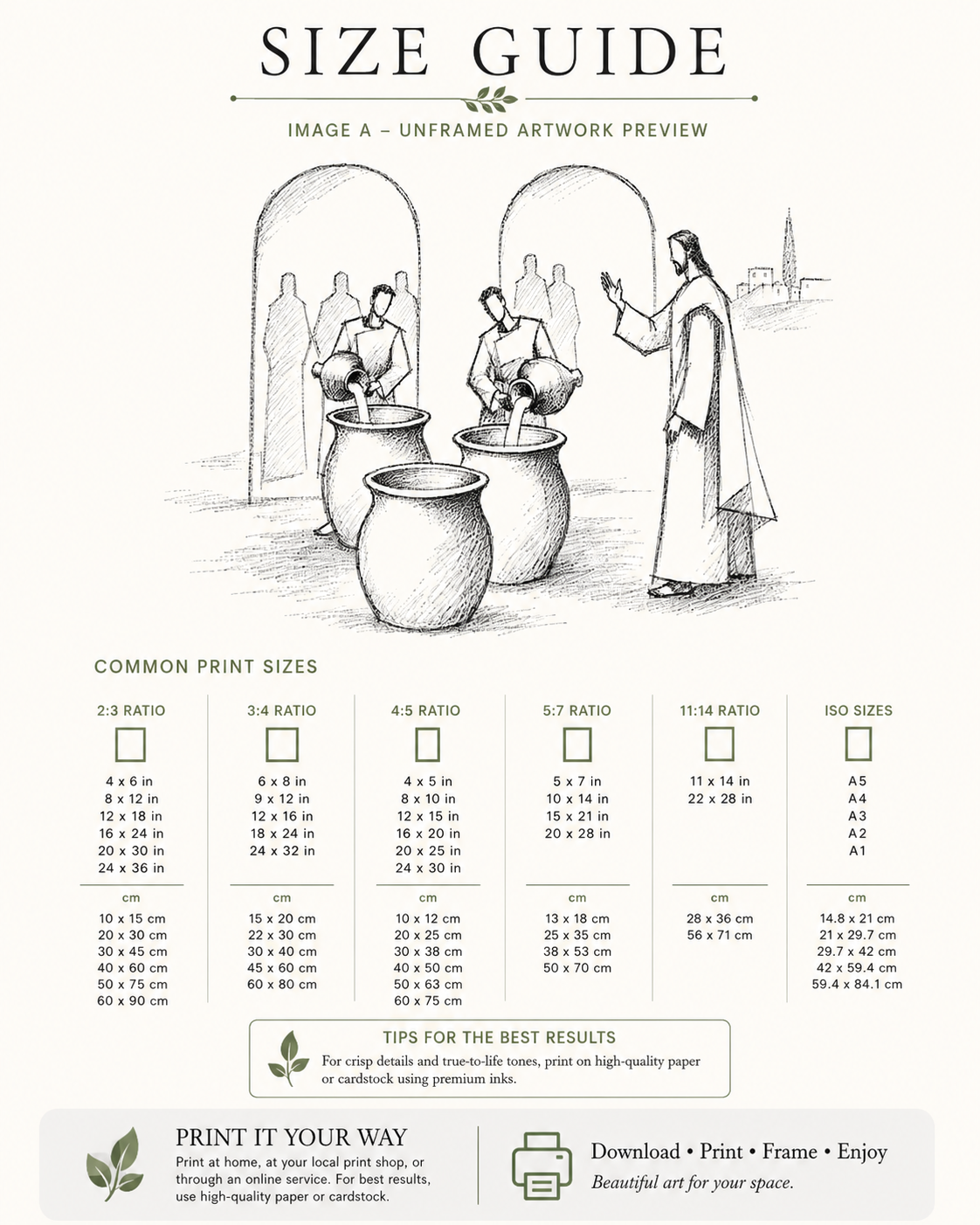 Printable size guide chart for the water into wine bible sketch, showing all 5 available print sizes