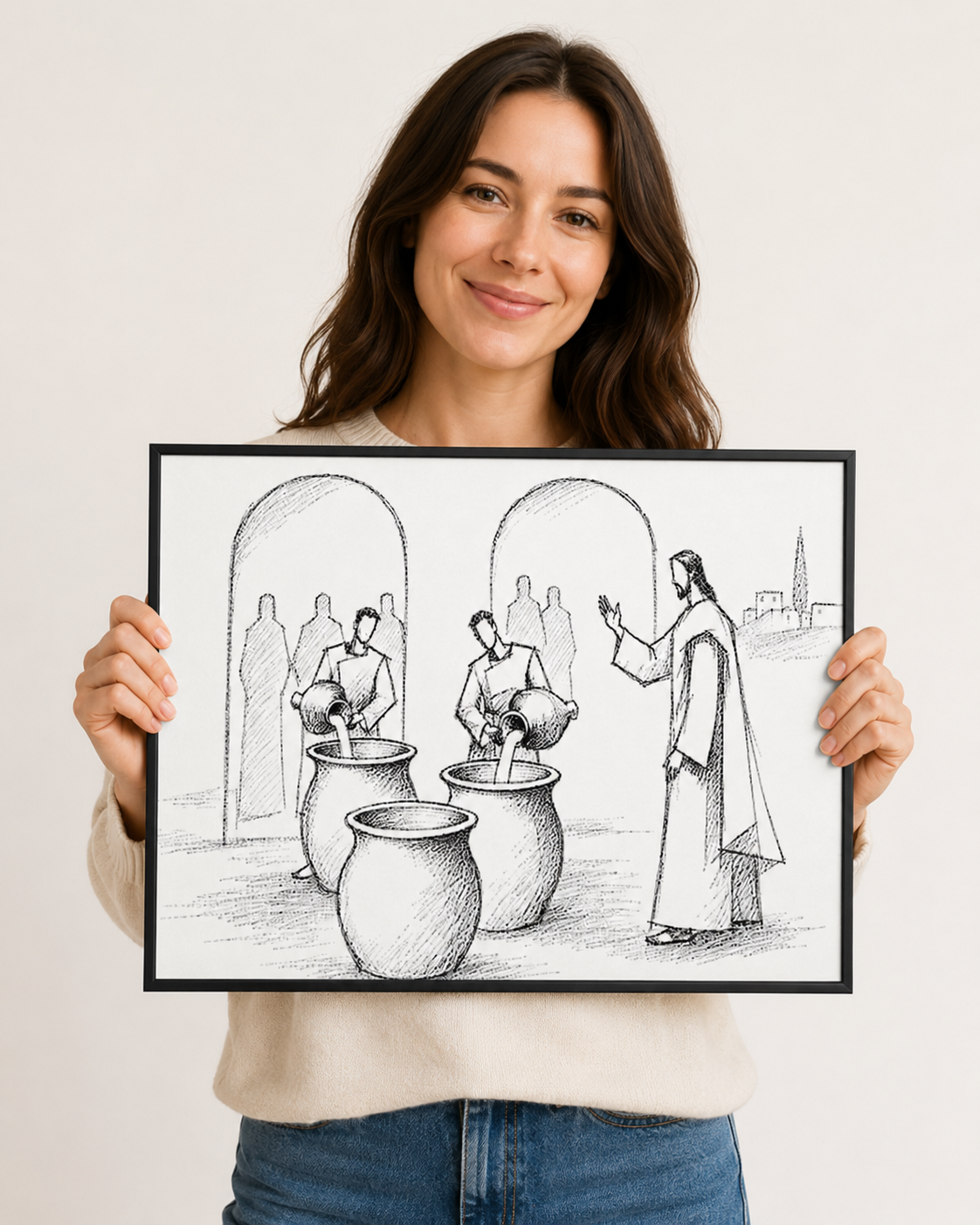 Square-cropped water into wine bible sketch in a gold frame with Jesus gesturing beside the jars