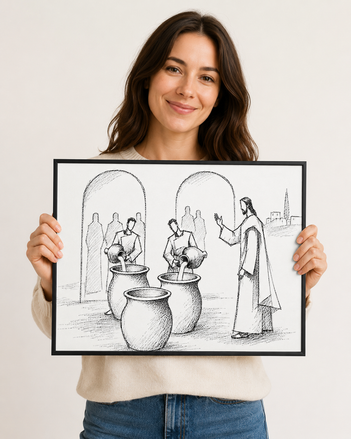 Square-cropped water into wine bible sketch in a gold frame with Jesus gesturing beside the jars