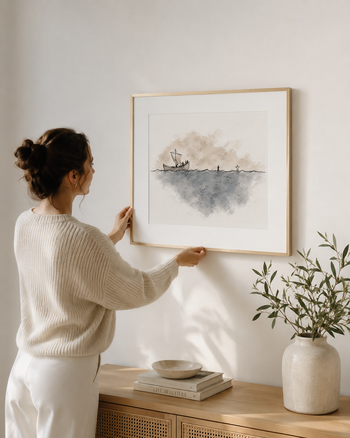Woman hanging a framed Jesus and Peter walk on water sketch on the wall