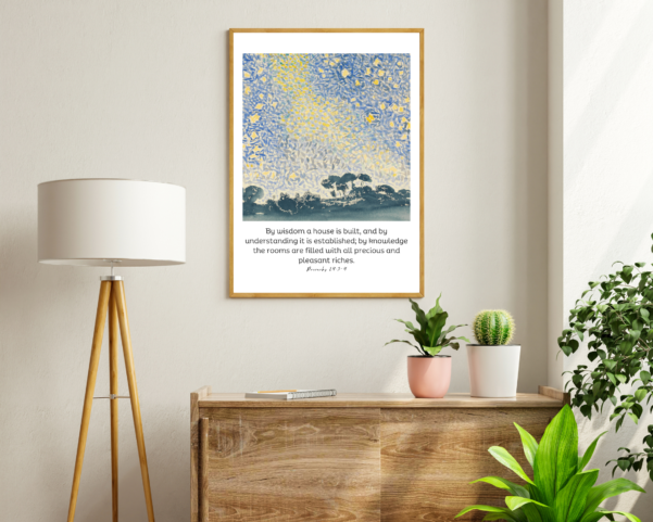Enhance your space with this decorative wall art piece featuring the wisdom-filled words of Proverbs 24:3-4, reminding you of the importance of wisdom.