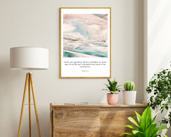 A wall decal showcasing the comforting scripture of Psalm 23:6, perfect for daily reminders of God's love and care.