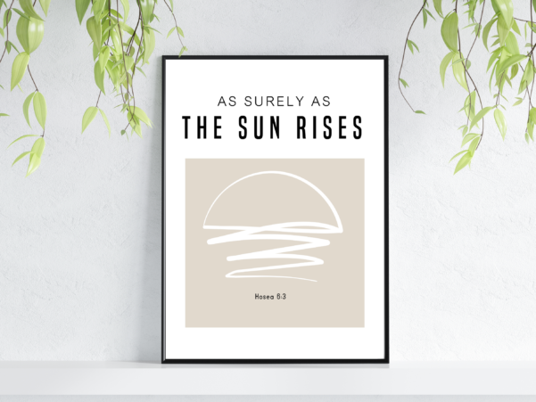 Vibrant Christian print displaying the assurance of Hosea 6:3, adding a touch of faith to your home.