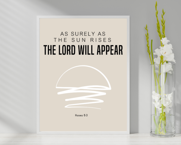 Captivating digital art illustrating the sunrise and the biblical verse Hosea 6:3, ideal for spiritual inspiration.