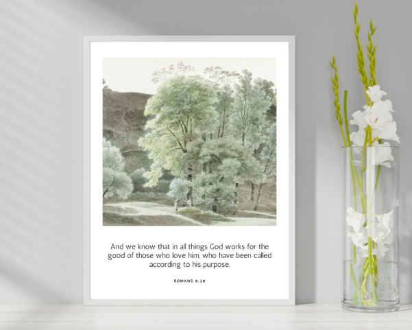 A Christian wall art decor print featuring Romans 8:28 scripture, reminding you that God works all things together for good for those who love Him.