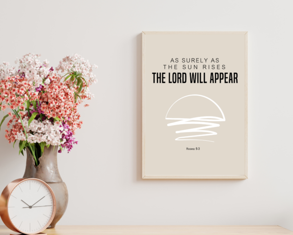 Inspirational digital art showcasing the sunrise and the verse from Hosea 6:3, perfect for digital decor.