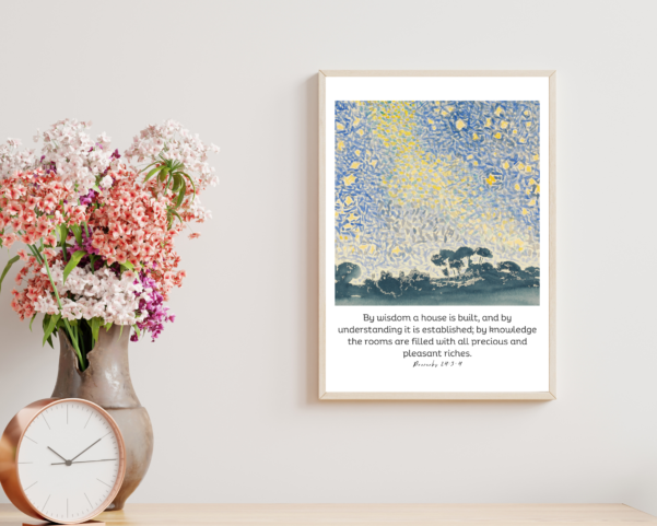 Downloadable Christian wall art design with Proverbs 24:3-4, illustrating the concept of building through wisdom.