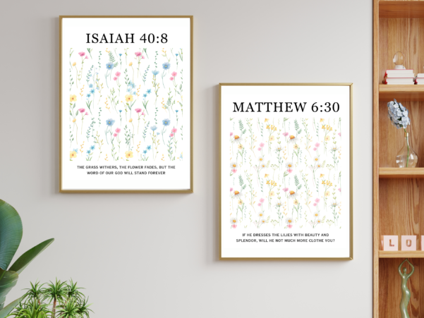 Religious wall art with Isaiah 40:8 verse - "The grass withers, the flower fades, but the word of our God will stand forever."