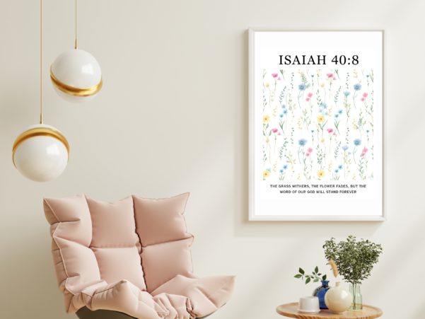 Religious wall art with Isaiah 40:8 verse - "The grass withers, the flower fades, but the word of our God will stand forever."