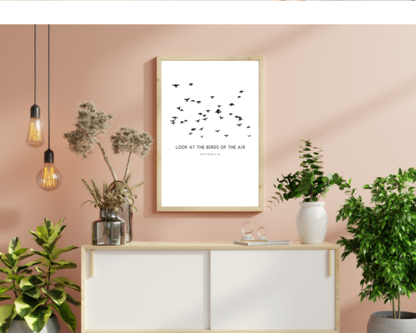 Christian artful Artprint. An exquisite artwork reflecting the theme of divine providence as described in Matthew 6:26. Captivating visuals conveying God's care for all creation.