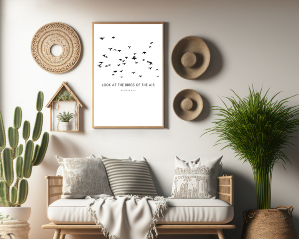 Christian artful Artprint. A stunning depiction of Matthew 6:26, showcasing a sparrow in flight against a vibrant sky backdrop. Perfect for Christian homes and spaces.