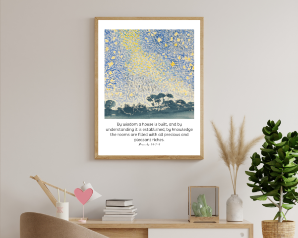 A wall hanging with wisdom-filled words of Proverbs 24:3-4, reminding you of the value of wisdom in life.