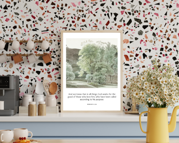 A wall decal showcasing the inspiring scripture of Romans 8:28, serving as a daily reminder of God's faithfulness.
