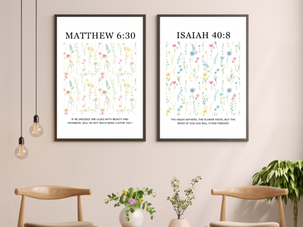 Biblical wall art with Matthew 6:30 verse - "But if God so clothes the grass of the field, which today is alive and tomorrow is thrown into the oven, will he not much more clothe you, O you of little faith?"