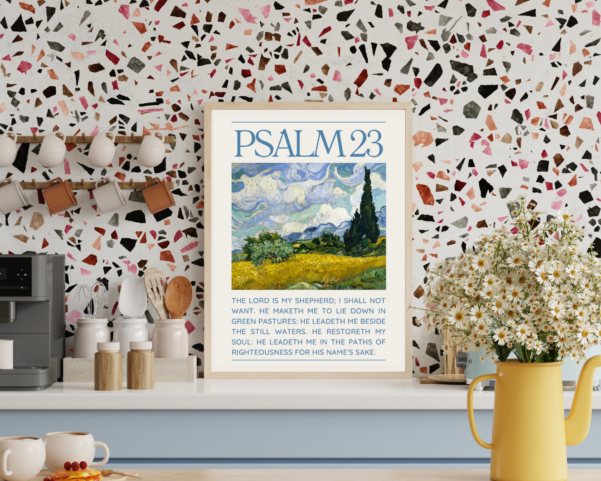 Bring the wisdom of scripture into your home with this biblical wall art showcasing Psalm 23. Let this verse remind you of God's unfailing love and provision.