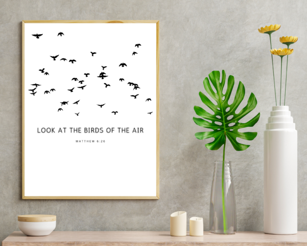 Christian artful Artprint. A profound representation of faith and trust, echoing the message of Matthew 6:26. This artwork serves as a reminder of God's provision and care.