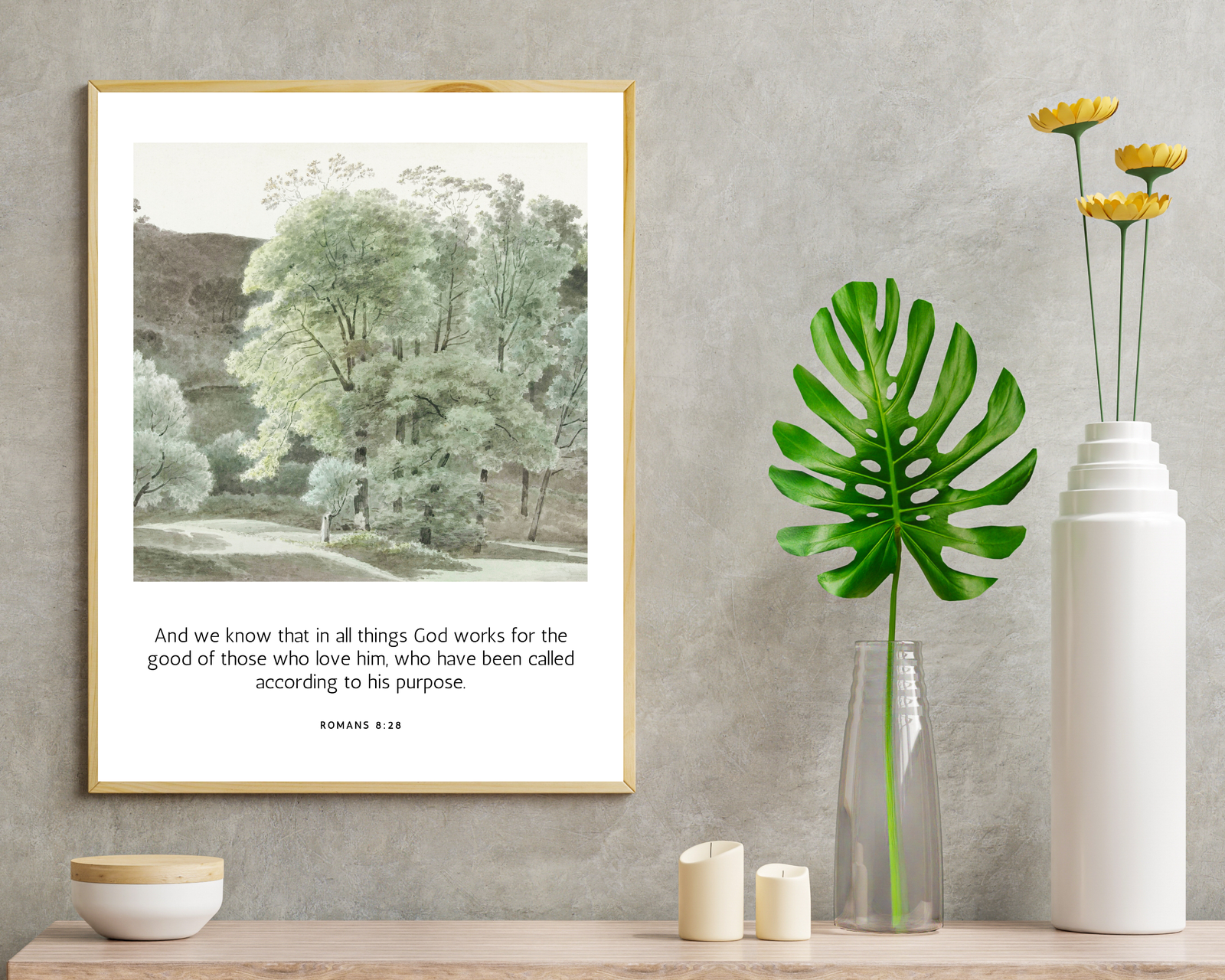 A canvas print featuring Romans 8:28 scripture, reminding you that God works all things together for good for those who love Him.