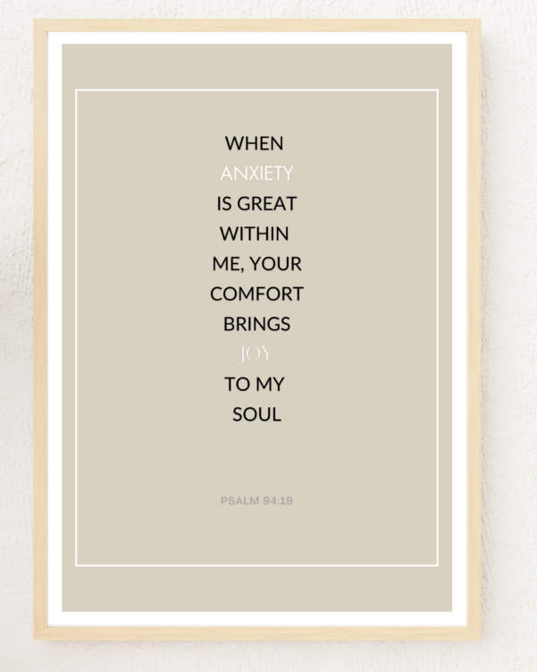 Bible verse art. A serene art print featuring Psalm 94:19, providing comfort in times of affliction. Perfect for bringing solace and encouragement to any space.