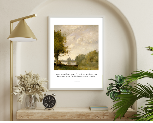 A wall hanging with comforting words of Psalm 36:5, celebrating the unfailing love of God in your home.