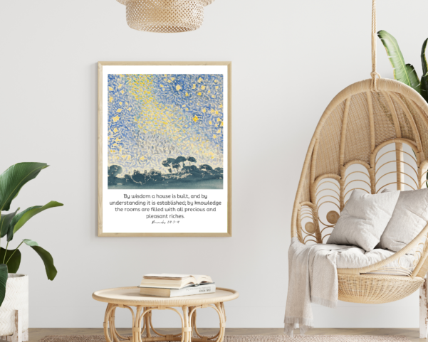 A wall decal showcasing the wisdom-filled scripture of Proverbs 24:3-4, perfect for daily reminders of the value of understanding.