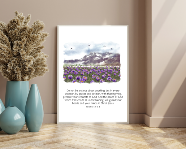 An elegant poster displaying Psalm 34:4 - I Sought the Lord and He Delivered Me, surrounded by artistic elements and thoughtful scriptural motifs, perfect for adding inspiration to any space.