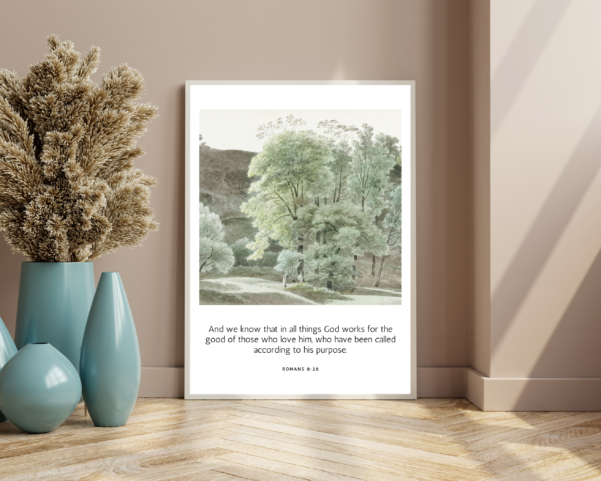 Enhance your space with this decorative wall art piece featuring the faith-filled words of Romans 8:28, reminding you of God's promise.