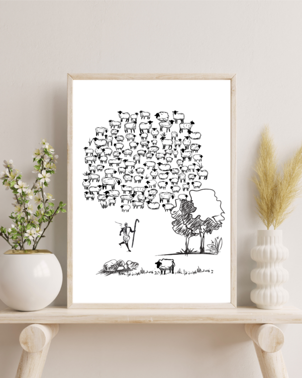 Contemporary interpretation of the biblical parable of the Good Shepherd, captured in minimalist style.