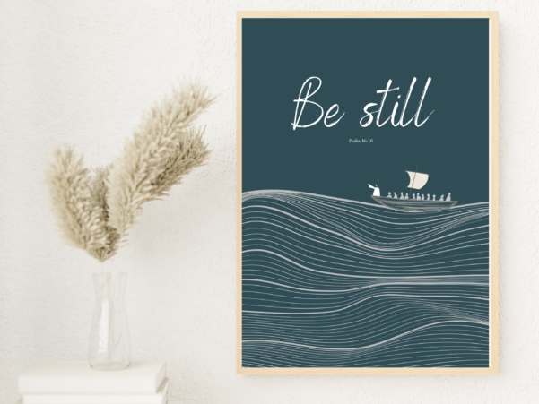 Reflective digital download featuring the biblical verse "Be Still"
