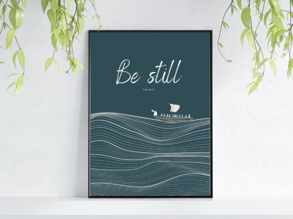 Quietude depicted in Christian digital art with Psalm 46:10
